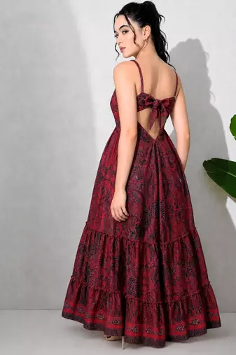Multicolor paisley printed georgette strappy v-neck flared maxi dress for women ,  printed poly muslin