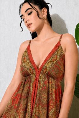 Multicolor paisley printed georgette strappy v-neck flared maxi dress for women , printed poly muslin 5
