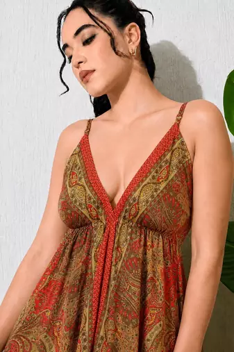 Multicolor paisley printed georgette strappy v-neck flared maxi dress for women , printed poly muslin