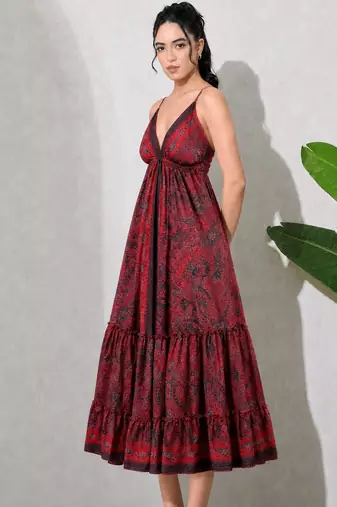 Multicolor paisley printed georgette strappy v-neck flared maxi dress for women ,  printed poly muslin