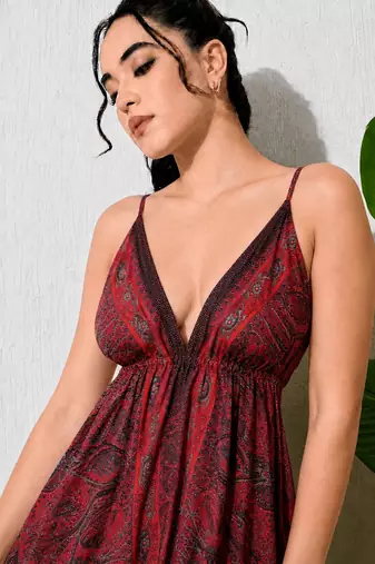 Multicolor paisley printed georgette strappy v-neck flared maxi dress for women ,  printed poly muslin