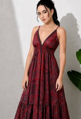 Multicolor paisley printed georgette strappy v-neck flared maxi dress for women , printed poly muslin 5