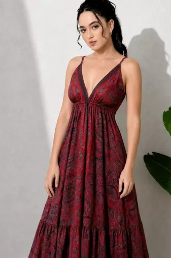 Multicolor paisley printed georgette strappy v-neck flared maxi dress for women ,  printed poly muslin
