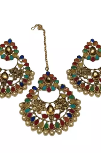 Multi Colour Gold Kundan Maang Tikka