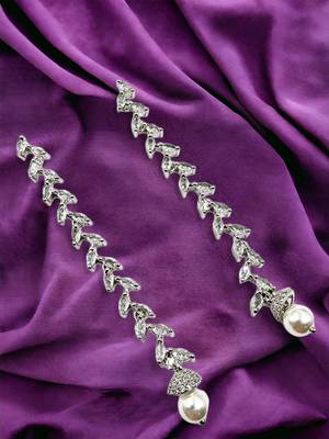 Women silver-plated cubic zirconia long dangle drop earrings with pearl hanging 2