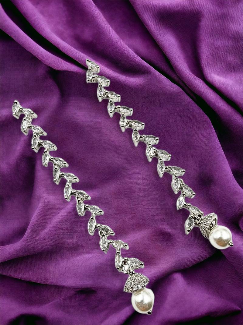 Women silver-plated cubic zirconia long dangle drop earrings with pearl hanging