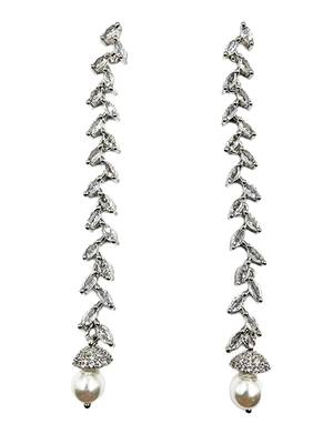 Women silver-plated cubic zirconia long dangle drop earrings with pearl hanging 1