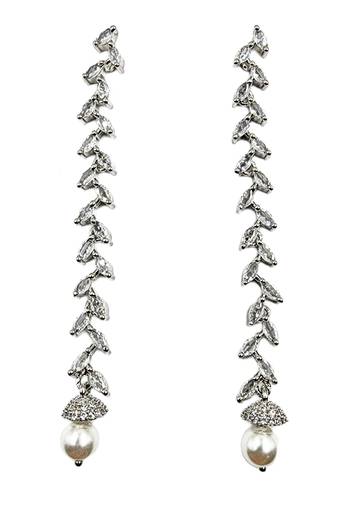 Women silver-plated cubic zirconia long dangle drop earrings with pearl hanging