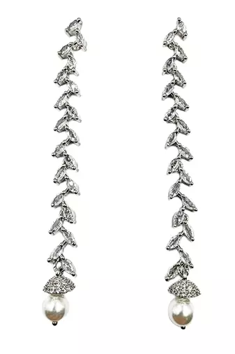 Women silver-plated cubic zirconia long dangle drop earrings with pearl hanging