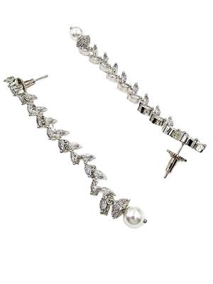 Women silver-plated cubic zirconia long dangle drop earrings with pearl hanging 3