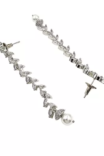 Women silver-plated cubic zirconia long dangle drop earrings with pearl hanging