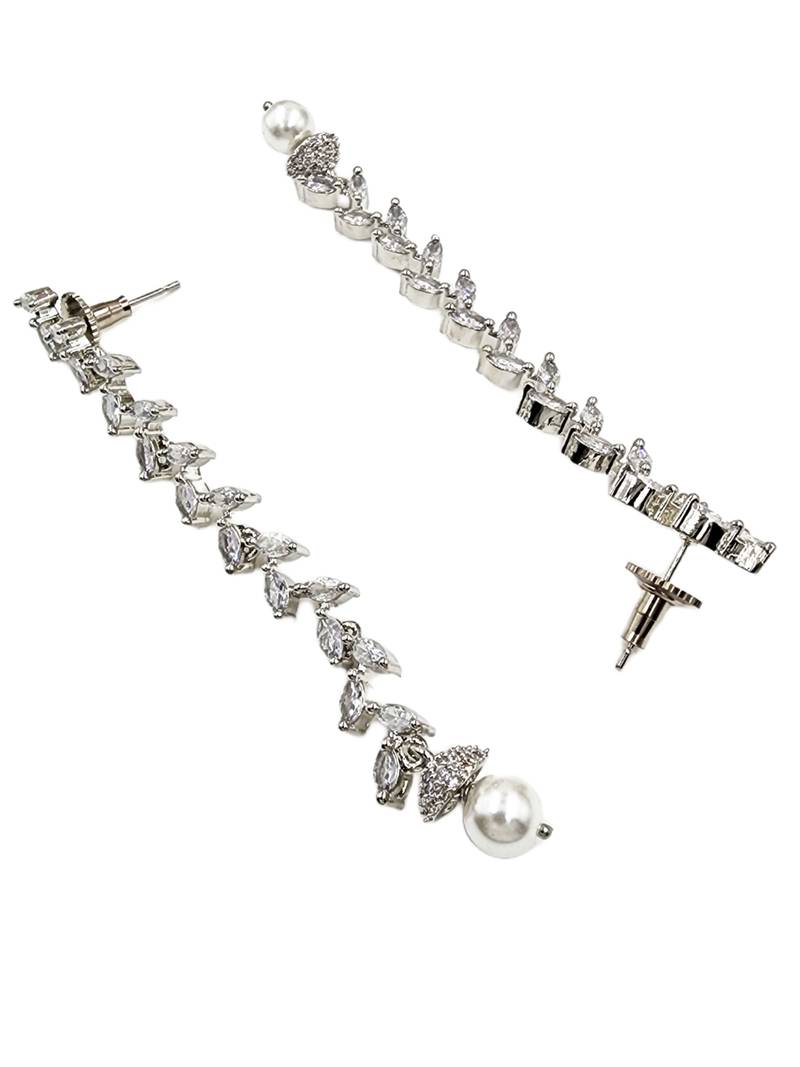 Women silver-plated cubic zirconia long dangle drop earrings with pearl hanging