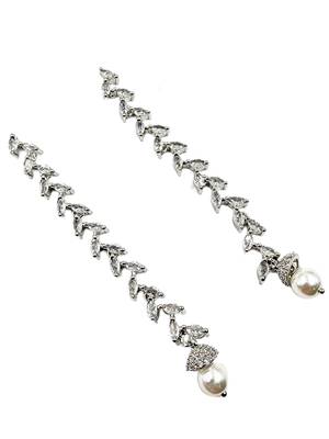 Women silver-plated cubic zirconia long dangle drop earrings with pearl hanging 4