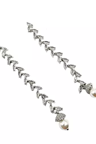 Women silver-plated cubic zirconia long dangle drop earrings with pearl hanging