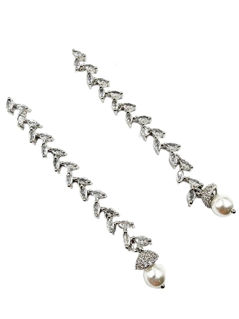 Women silver-plated cubic zirconia long dangle drop earrings with pearl hanging