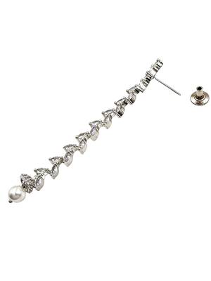 Women silver-plated cubic zirconia long dangle drop earrings with pearl hanging 5
