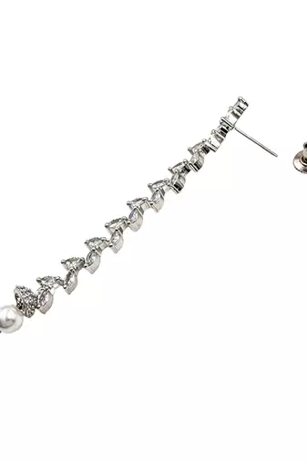 Women silver-plated cubic zirconia long dangle drop earrings with pearl hanging
