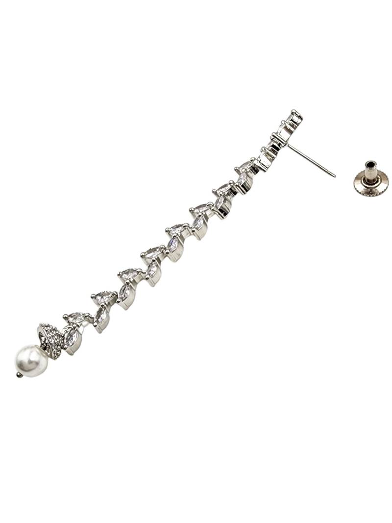 Women silver-plated cubic zirconia long dangle drop earrings with pearl hanging