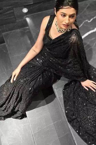 New Designer Georgette Embroidered Sequence Work Women's Saree With Blouse Set