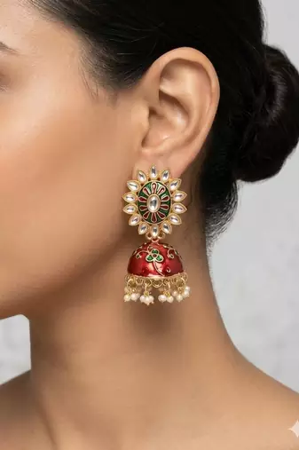 Traditional gold plated kundan meenakari jhumka earrings for women and girls
