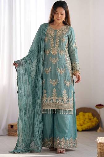 Blue Colour Sharara Suit Set Embroidered Kurti Suit Set With Dupatta