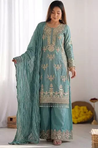 Blue Colour Sharara Suit Set Embroidered Kurti Suit Set With Dupatta