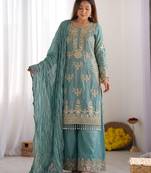 Blue Colour Sharara Suit Set Embroidered Kurti Suit Set With Dupatta