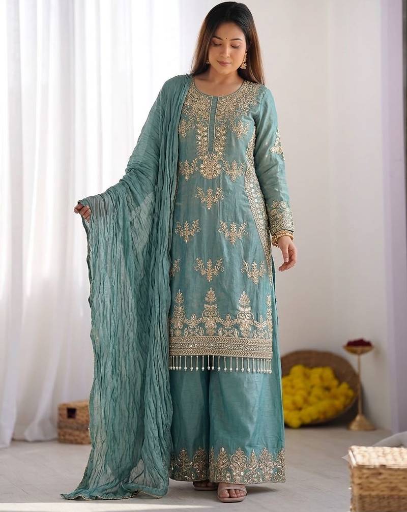 Blue Colour Sharara Suit Set Embroidered Kurti Suit Set With Dupatta