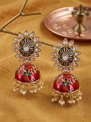 Traditional gold-plated meenakari kundan jhumka earrings for women & girls 3