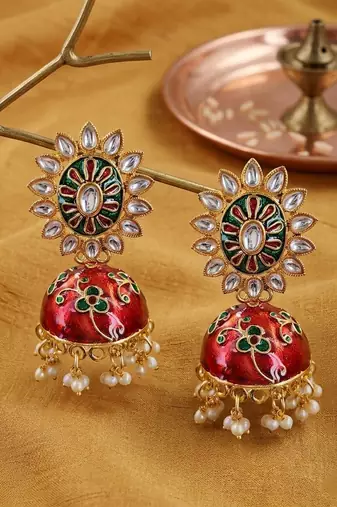 Traditional gold-plated meenakari kundan jhumka earrings for women & girls