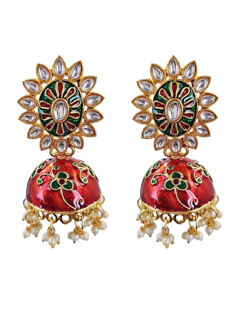 Traditional gold plated kundan meenakari jhumka earrings for women and girls