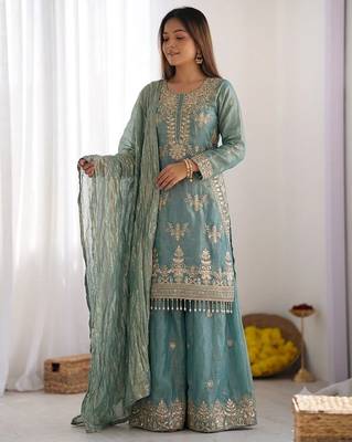 Blue Colour Sharara Suit Set Embroidered Kurti Suit Set With Dupatta 3