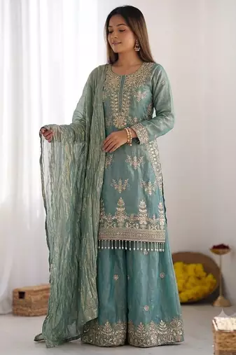 Blue Colour Sharara Suit Set Embroidered Kurti Suit Set With Dupatta