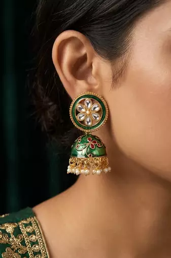 Green meenakari kundan jhumka earrings for women