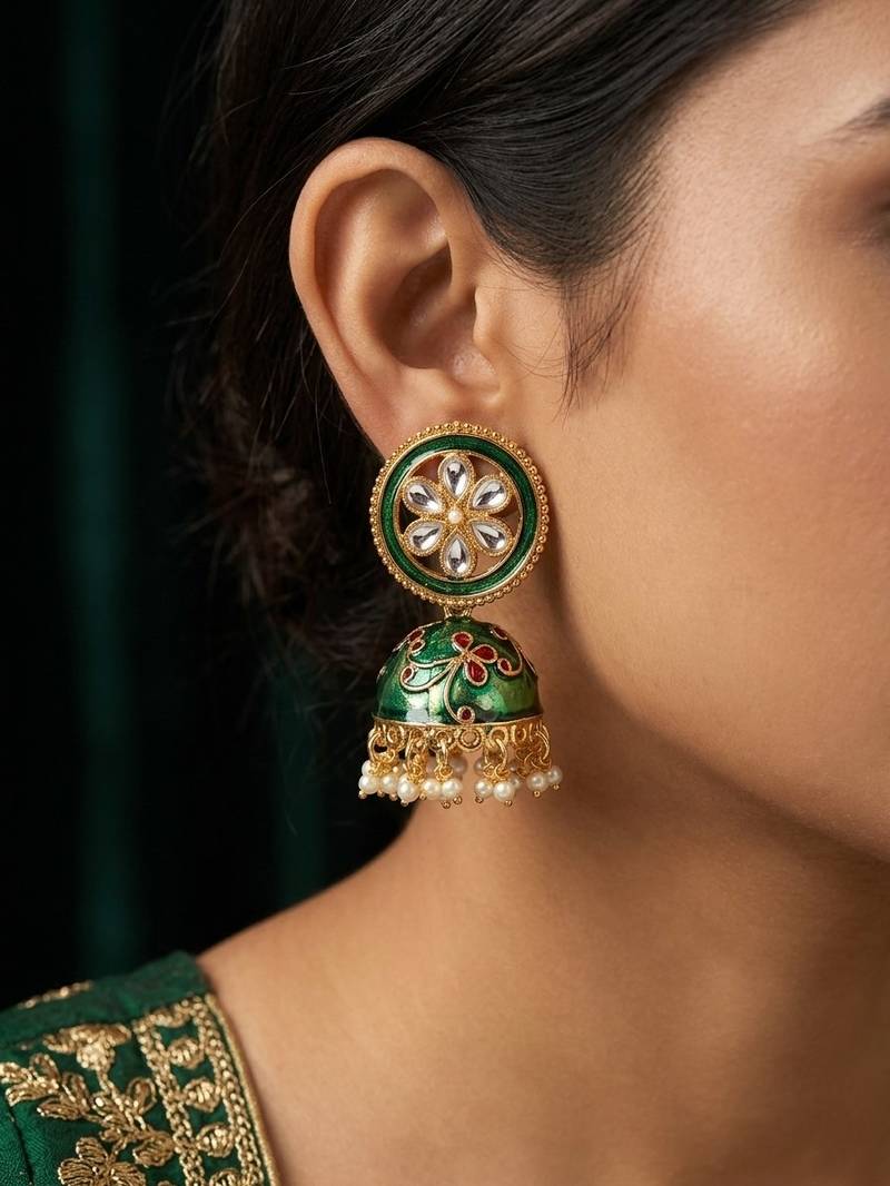 Green meenakari kundan jhumka earrings for women