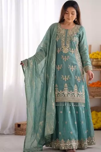 Blue Colour Sharara Suit Set Embroidered Kurti Suit Set With Dupatta