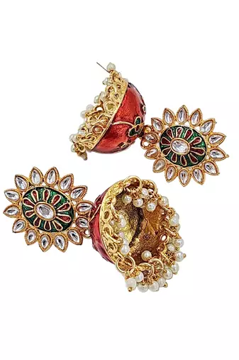 Traditional gold plated kundan meenakari jhumka earrings for women and girls