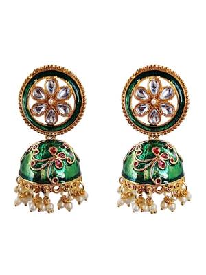 Green meenakari kundan jhumka earrings for women 1