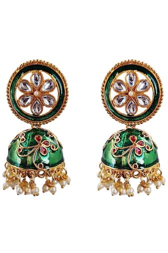 Green meenakari kundan jhumka earrings for women