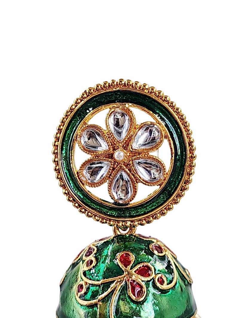 Green meenakari kundan jhumka earrings for women