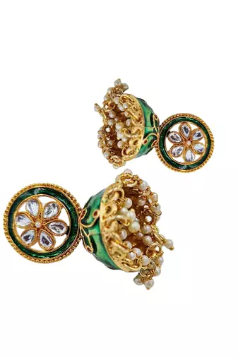 Green meenakari kundan jhumka earrings for women