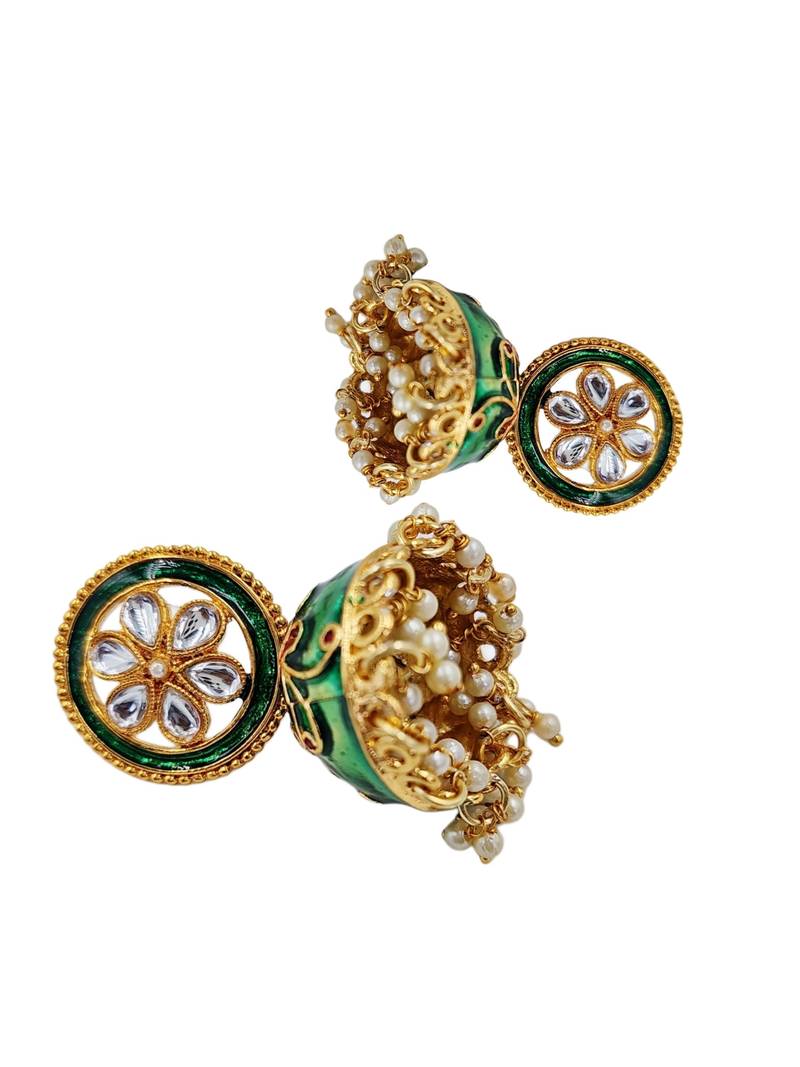 Green meenakari kundan jhumka earrings for women