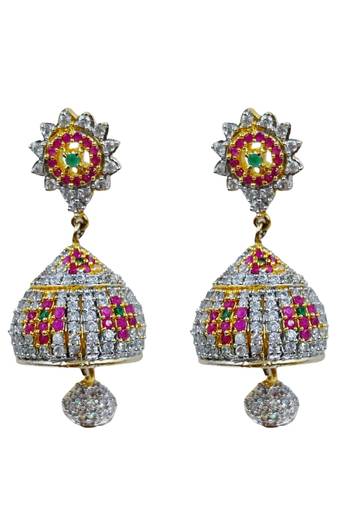 Gold plated multicolor cz american diamond jhumka earrings for women