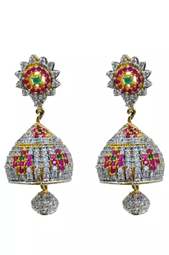 Gold plated multicolor cz american diamond jhumka earrings for women