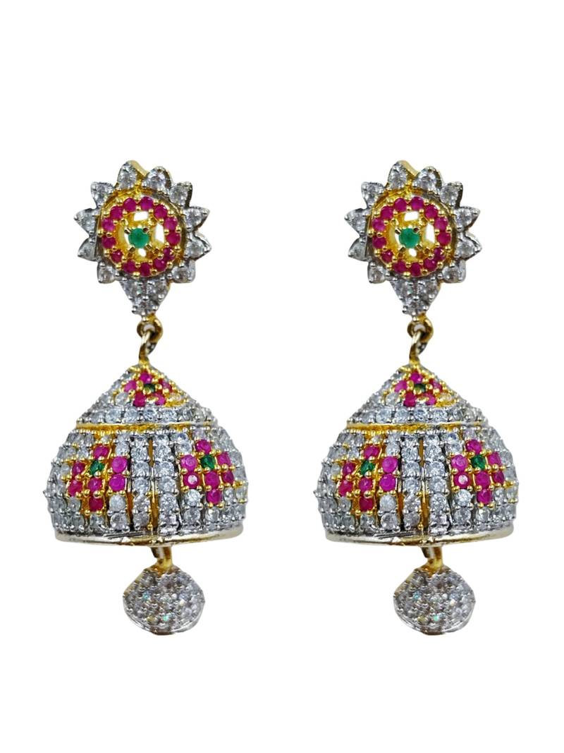 Gold plated multicolor cz american diamond jhumka earrings for women