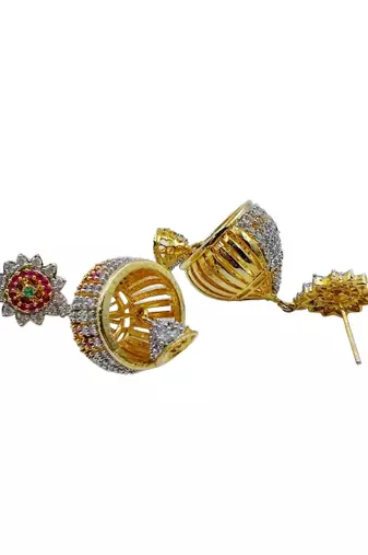 Gold plated multicolor cz american diamond jhumka earrings for women