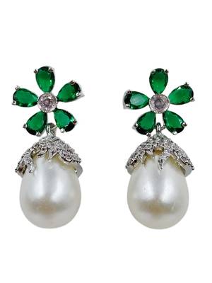 Green stone floral stud pearl drop earrings for women 1