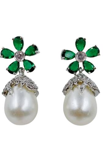 Green stone floral stud pearl drop earrings for women