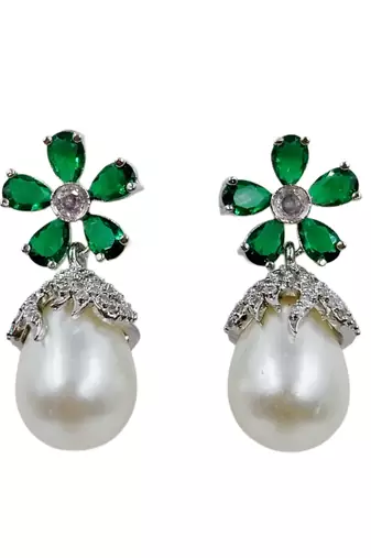 Green stone floral stud pearl drop earrings for women