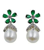 Green stone floral stud pearl drop earrings for women